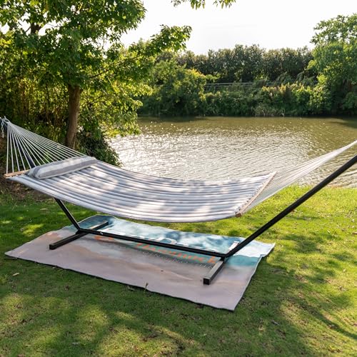 Image of Lazy Daze Hammocks 12FT Quilted Fabric Double Hammock with Spreader Bars and Detachable Pillow, 2 Person, 450 lbs Capacity, Gray White