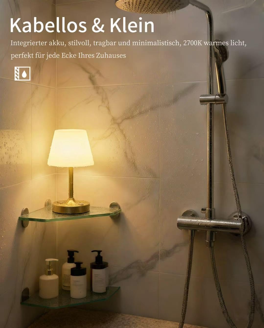 Lámpara de mesa LED inalámbrica, lámpara de ducha impermeable con batería de 4000 mAh, portátil, recargable, luz nocturna con regulador táctil para terraza, restaurante y baño (dorado)