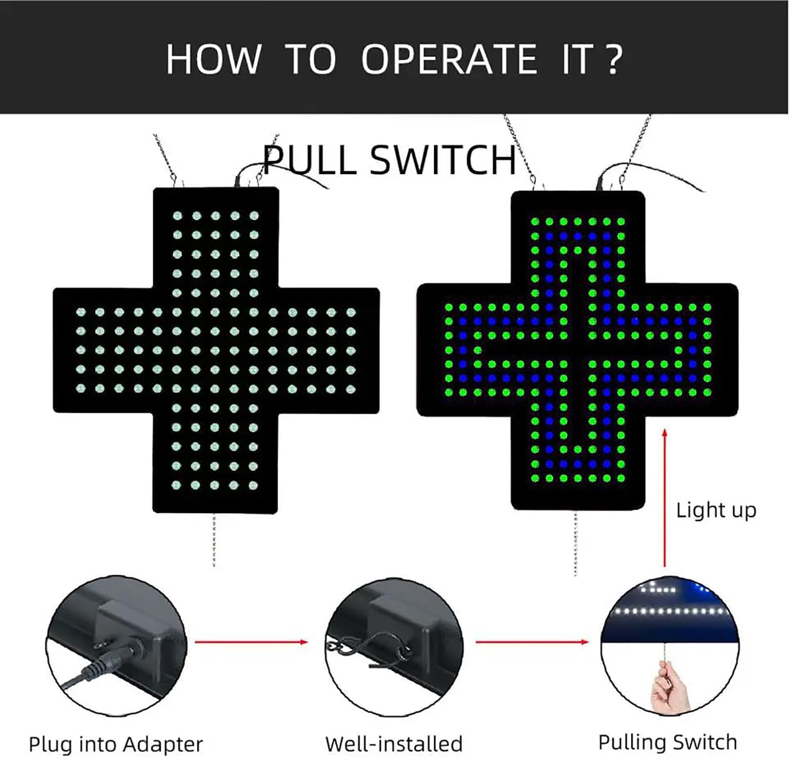 Letrero De Neón LED con Cruz De Dispensario, Letrero De Cruz Médica LED De 35 * 35 Cm, 3 Modos De Trabajo, Siempre Encendido, Intermitente Y Intermitente General, Compacto Y Portátil