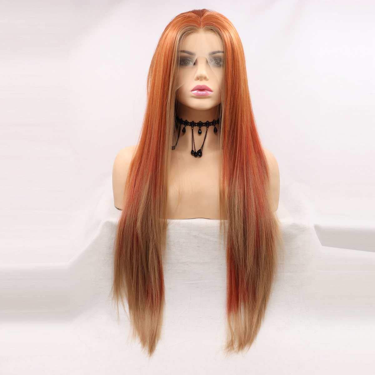 xiweiya Copper Red Wigs Blonde Highlight Blonde Lace Front Wigs Long Soft Straight Ginger Orange 13x3 Lace Wig Replacement Wig for Women, Drag Queen 180% Density Hair Heat Resistant Fiber Hair 24inch