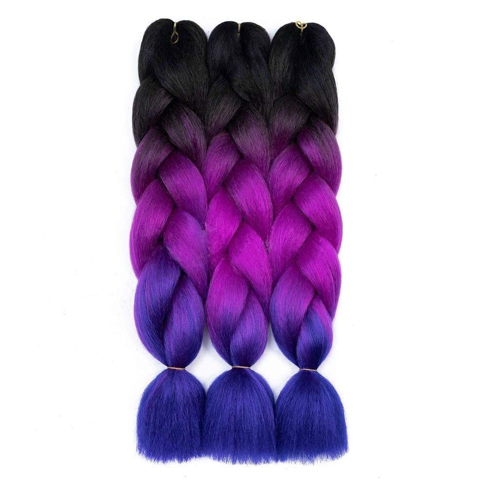 RN BEAUTY Synthetic Jumbo Braids Hair Extensions Good Cheap Weave High Temperature Heat Resistant Fiber Ombre Braiding Hair for Afro Twist Crochet Hair 3 Bundles Lot 24 inch 3 Tone Black/Purple/Blue