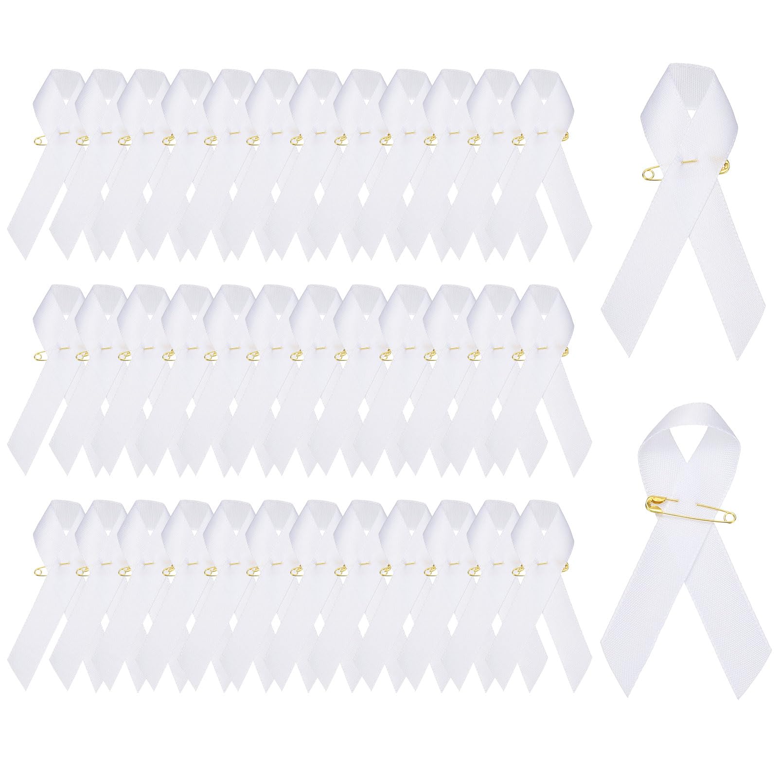 YELARXI Satin Awareness Ribbons, Satin Ribbon with Pins - Fitting for (Charity Public - Social Event - Party Event - Clothing Decoration) 100 Pcs & 3 Inch & White