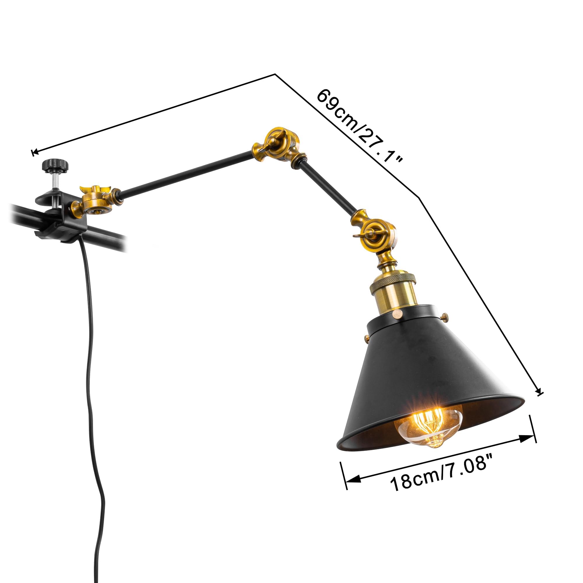 Schreibtischlampe mit Kabelschalter, Schwenkbar, Klemmlampe mit Schwenkarm und E27 Fassung für Bett und Schreibtisch, Klemmleuchte aus Metall in Schwarz,BD2788-HX