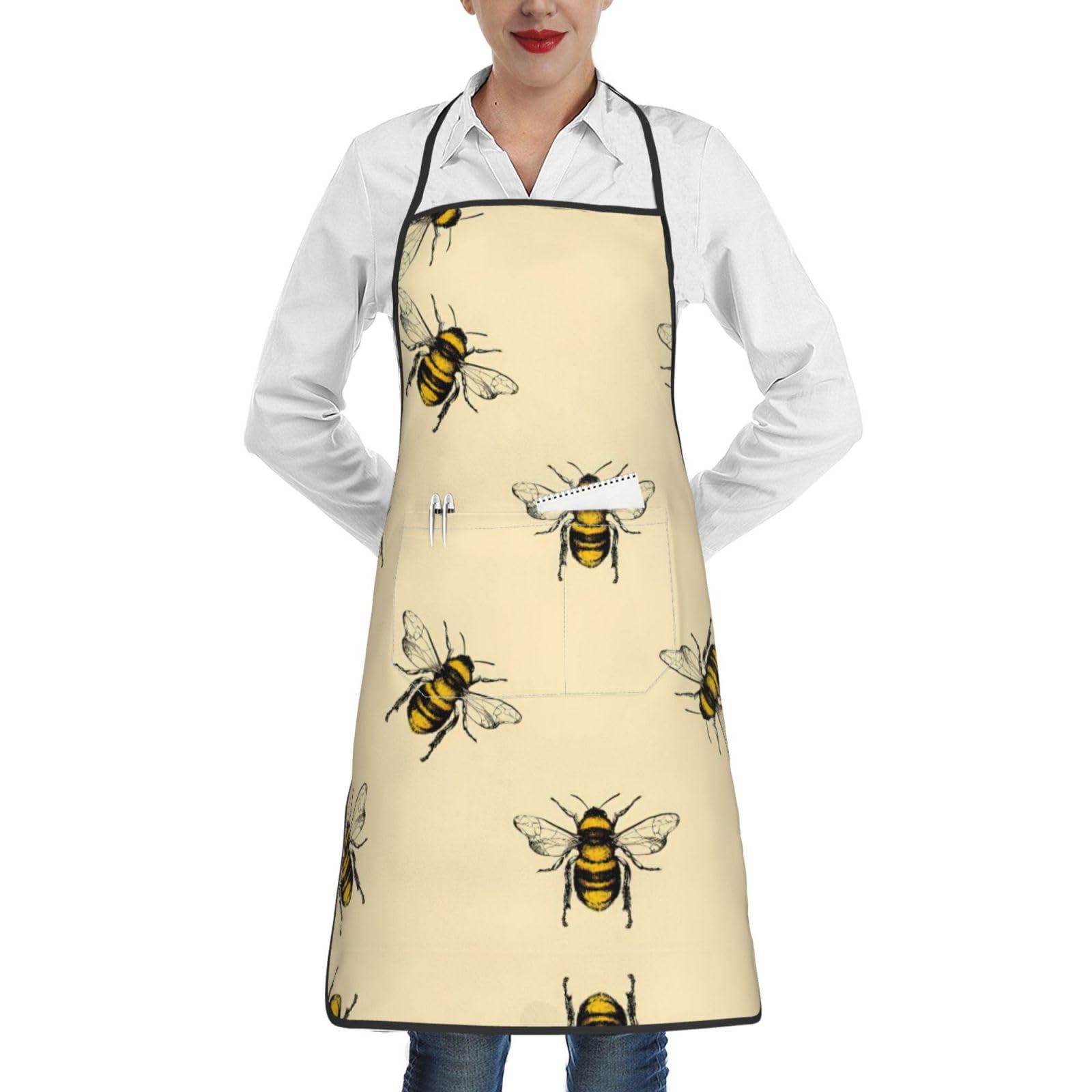 Uusnwaa Women's White Cooking Honey Bee Print Apron,Aprons For Men With Pockets,Chef Apron,Gardening,Painting,Bbq,Artist