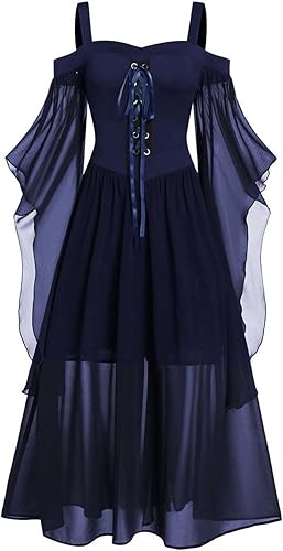 Hombro frío para Mujer Steampunk Medieval gótico Vestido Mariposa Manga Disfraz Elegante Maxi Vestido Medieval