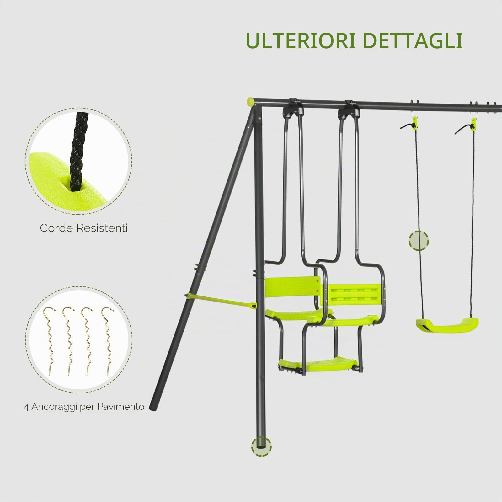 Outsunny Altalena per bambini 4 apparecchi con gondola contrapposti dim. 3,55L x 1,84L x 1,86H m metallo epossidico anticorrosione PE grigio antracite verde mela