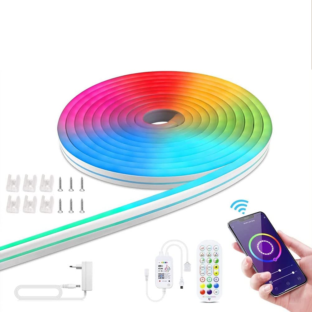 RGB Neon LED Streifen Strip, Neon Led Strip mit App-Steuerung, IP65 Silikon LED Streifen mit Fernbedienung, Multi-Farbwechsel Bluetooth App Flexibel Lichtleiste mit Netzteil für Heim Outdoor DIY,5m