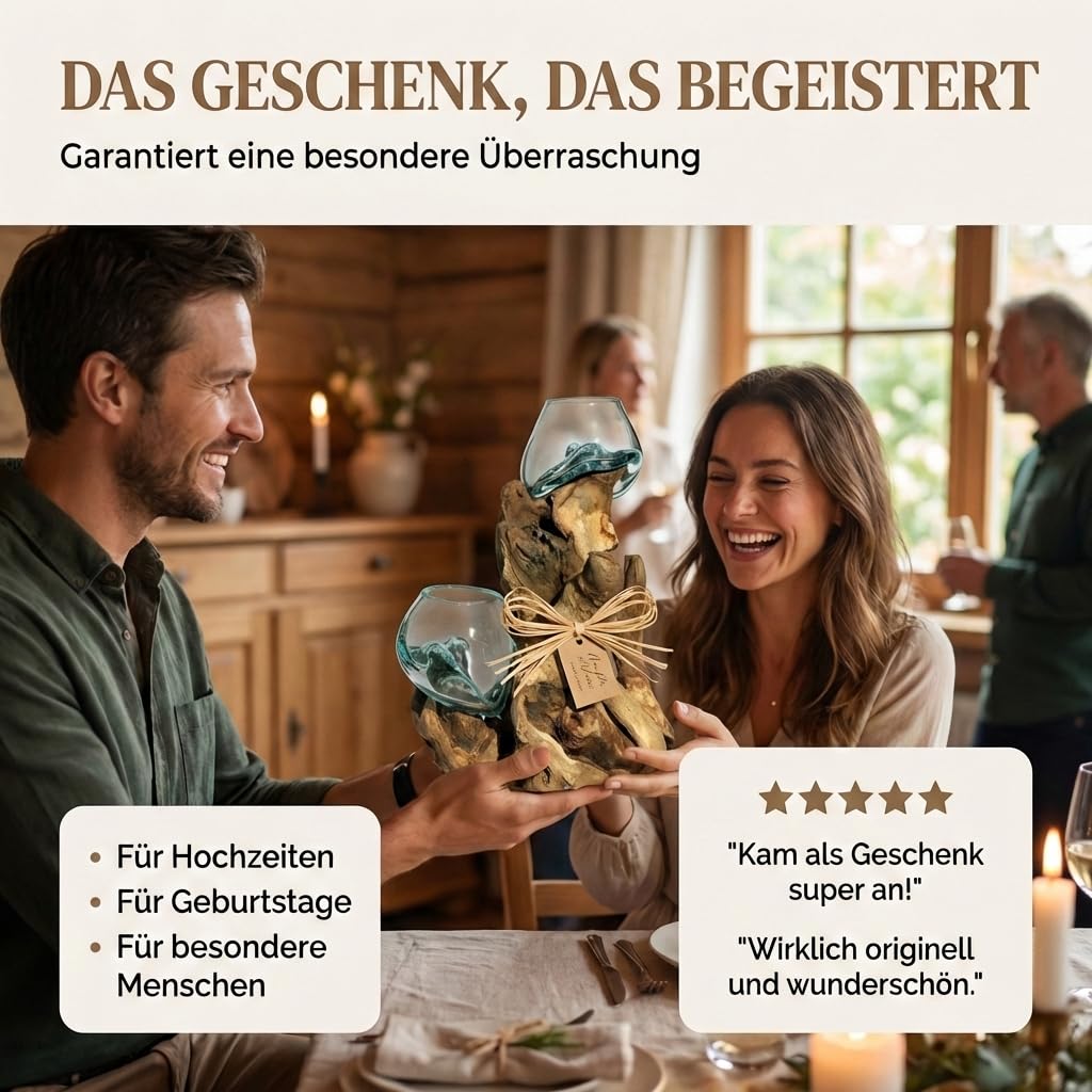 Glasvase Doppel (Ø Glas 12 cm) – Deko Vase aus Handarbeit auf Wurzelholz Gamal mit abnehmbarem Glas, Wohnzimmer Deko, geeignet als Blumenvase oder Kerzenglas Do12