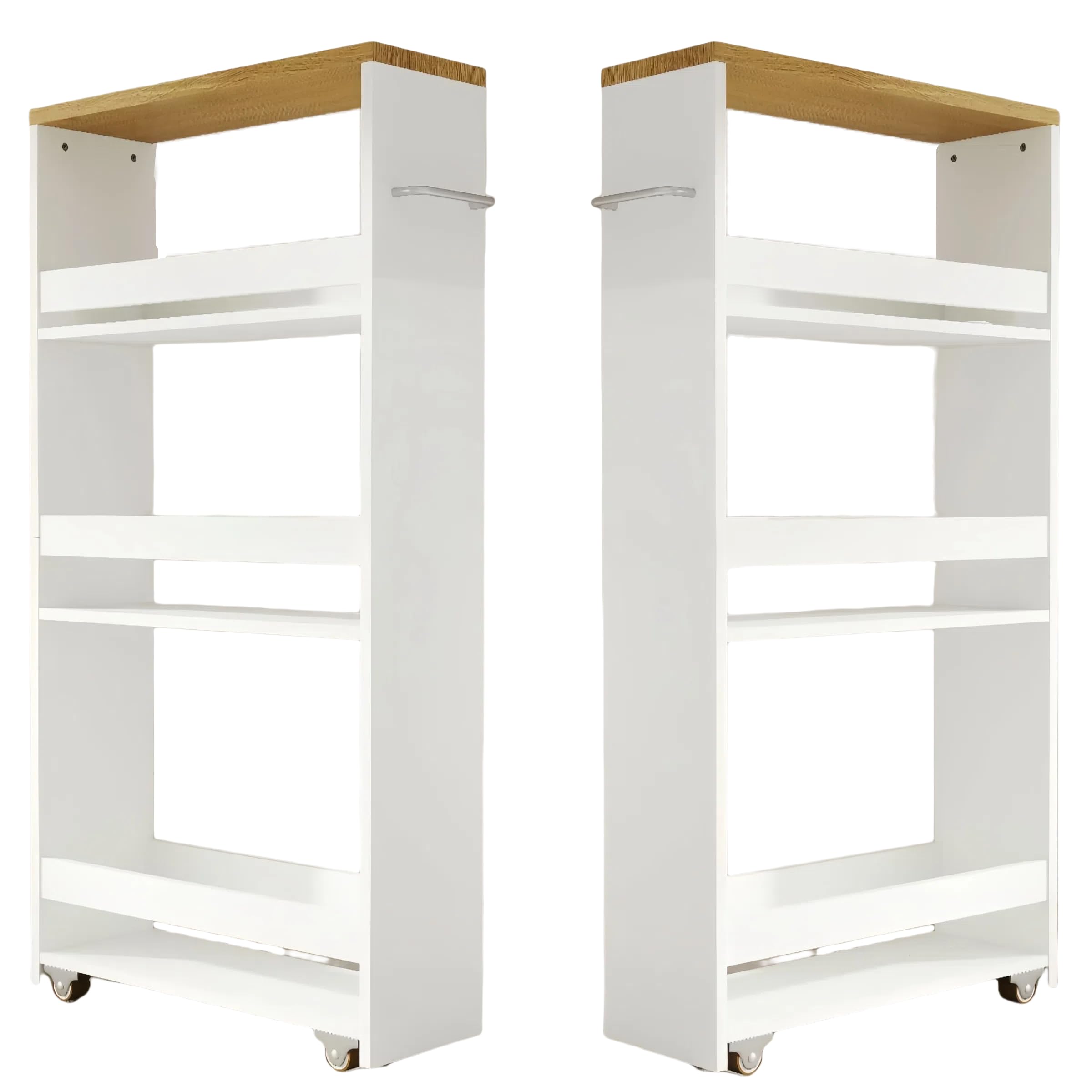 Carrito Auxiliar con Ruedas de 4 Niveles, Estante de Cocina Delgado con Asa, 40 x 80 x 14 cm, Pequeños Espacios, Baño, Lavandería, Blanco y Madera Natural, Juego de 2 Unidades