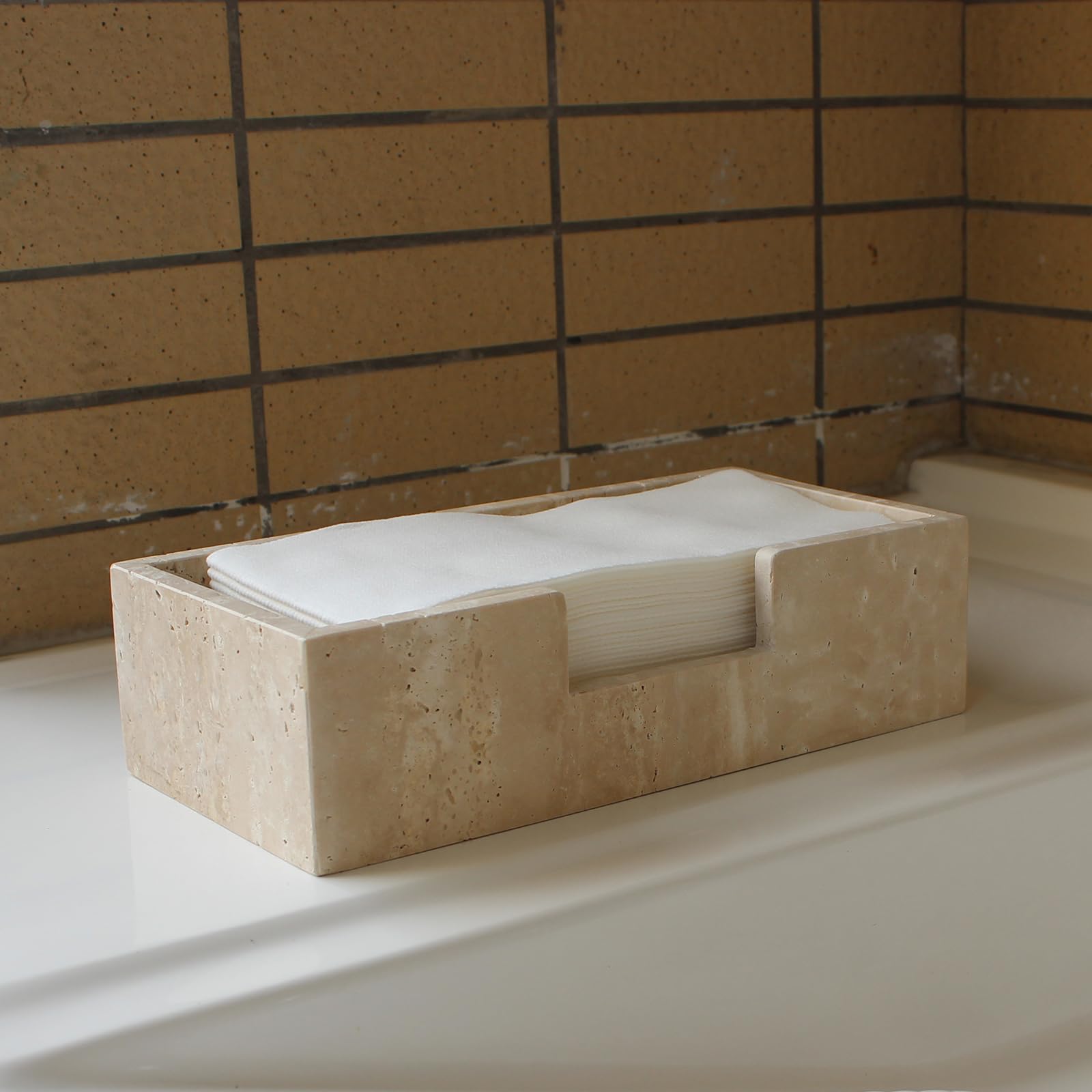 Servilletero rectangular de mármol travertino natural de 9.8 x 4.9 x 2.8 pulgadas, soporte para toallas de mano de invitados, cesta de mano de papel para baño/cocina/restaurante