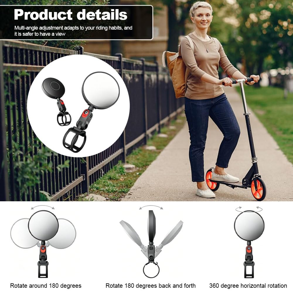 2 Stück Rückspiegel für Roller, Verstellbare Rückspiegel, E-Scooter Rückspiegel, 360° Verstellbarer Lenkerspiegel, Universaler Fahrradspiegel für Elektroscooter, E-Bike, Cityrad
