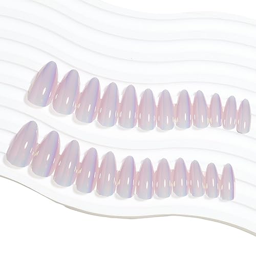 Miniatura 4 de Uñas postizas medianas a presión Aurora almendra, uñas postizas cromadas con pegamento de gel suave, uñas acrílicas brillantes de cobertura
