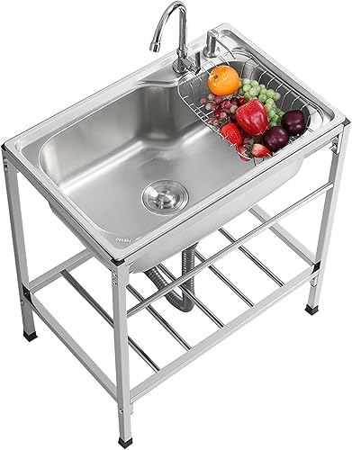 QQXX Fregadero de cocina comercial de un solo cuenco juego de fregadero de acero inoxidable independiente con grifo de agua fregadero al aire libre