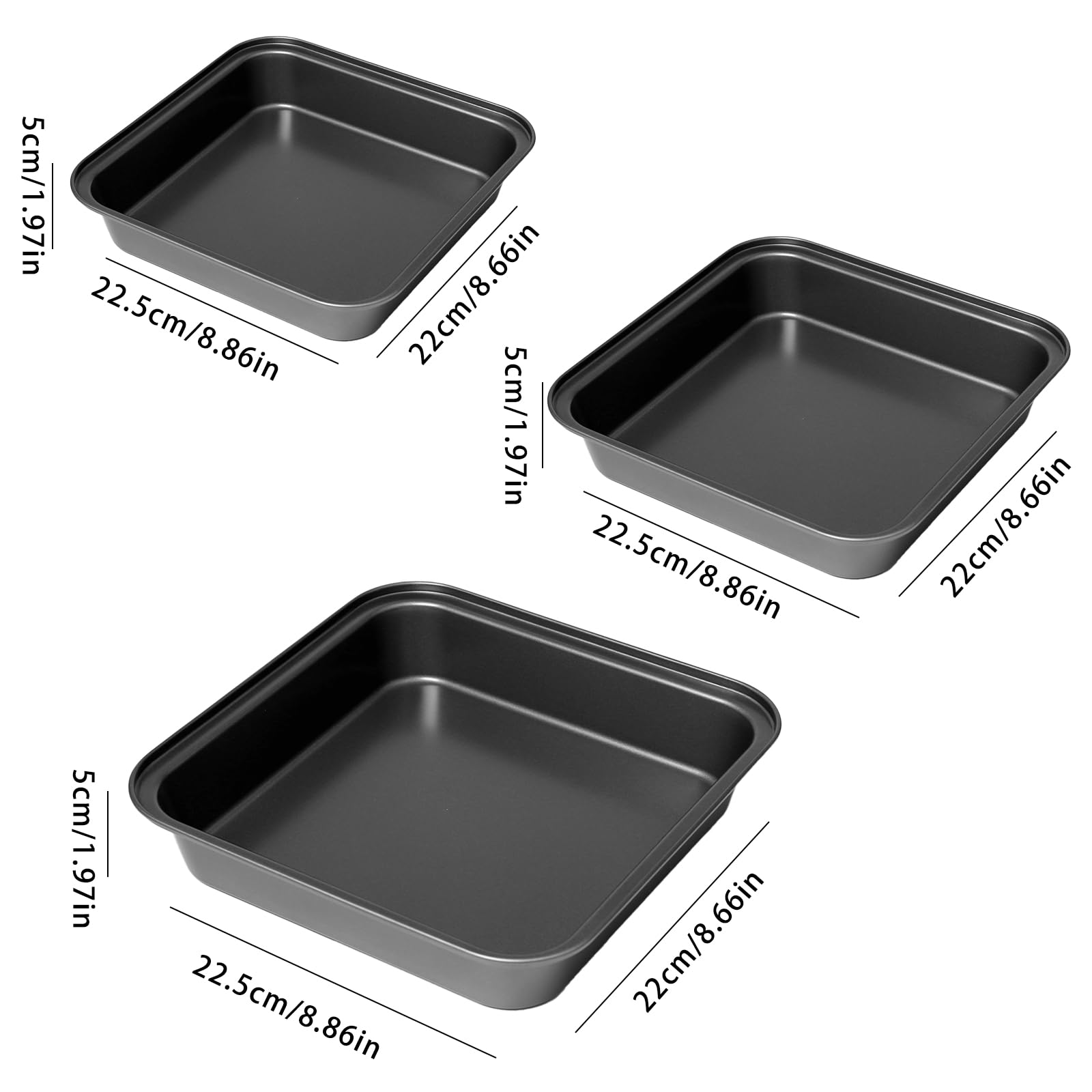 3 Pièces Plats à Gratin Carrés avec Revêtement Antiadhésif | 22.5cm/25.5cm/27.5cm, Noir Plat Four en Acier Inoxydable, Moule à Gâteau Carré, pour Gâteaux Brownies Lasagnes Rôtis