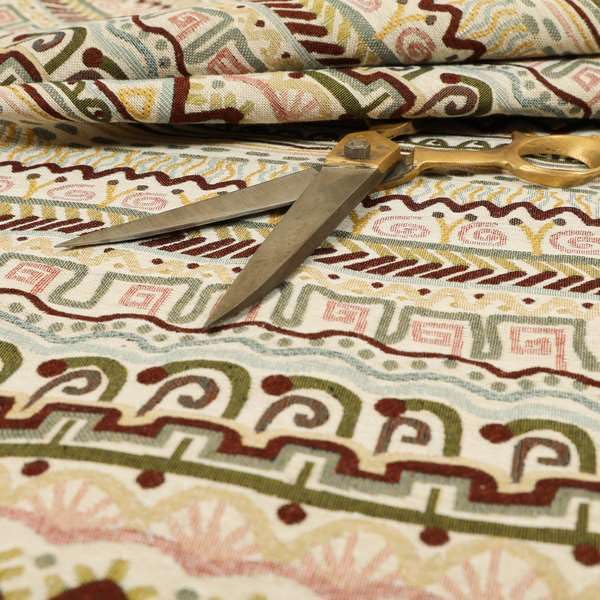 Redbrick Mill Fabrics Flame Retardant Multi Geometric Shaped Stripe Pattern White Chenille Jacquard Upholstery Fabric (Per Metre) โ image 1