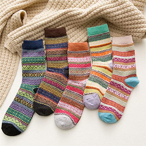 Joylife Ethnic Print Crew Socks Stripes Pattern Quartz Socks Vintage Colorful Cozy Socks for Women, Ladies, Girls, 5 Pack2