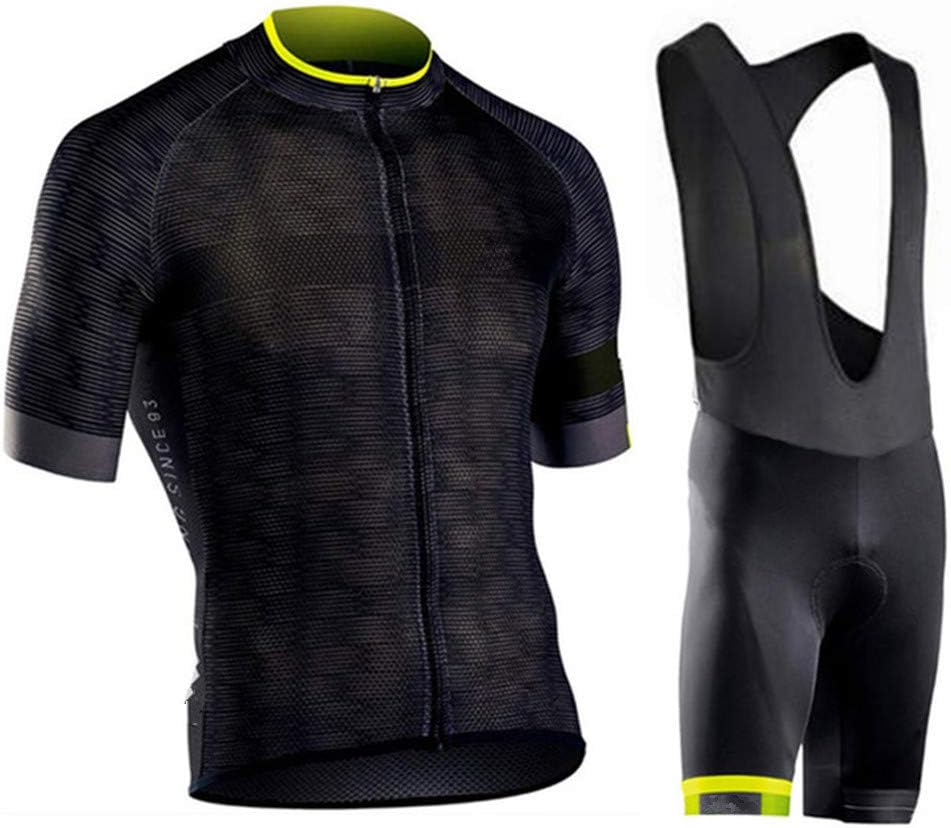 HFJLL Summer Cycling Suit Men Cycling Clothing Set Padded Bib Shorts Short-Sleeve Jersey Fluorescent Yellow Black Bicycle Mtb