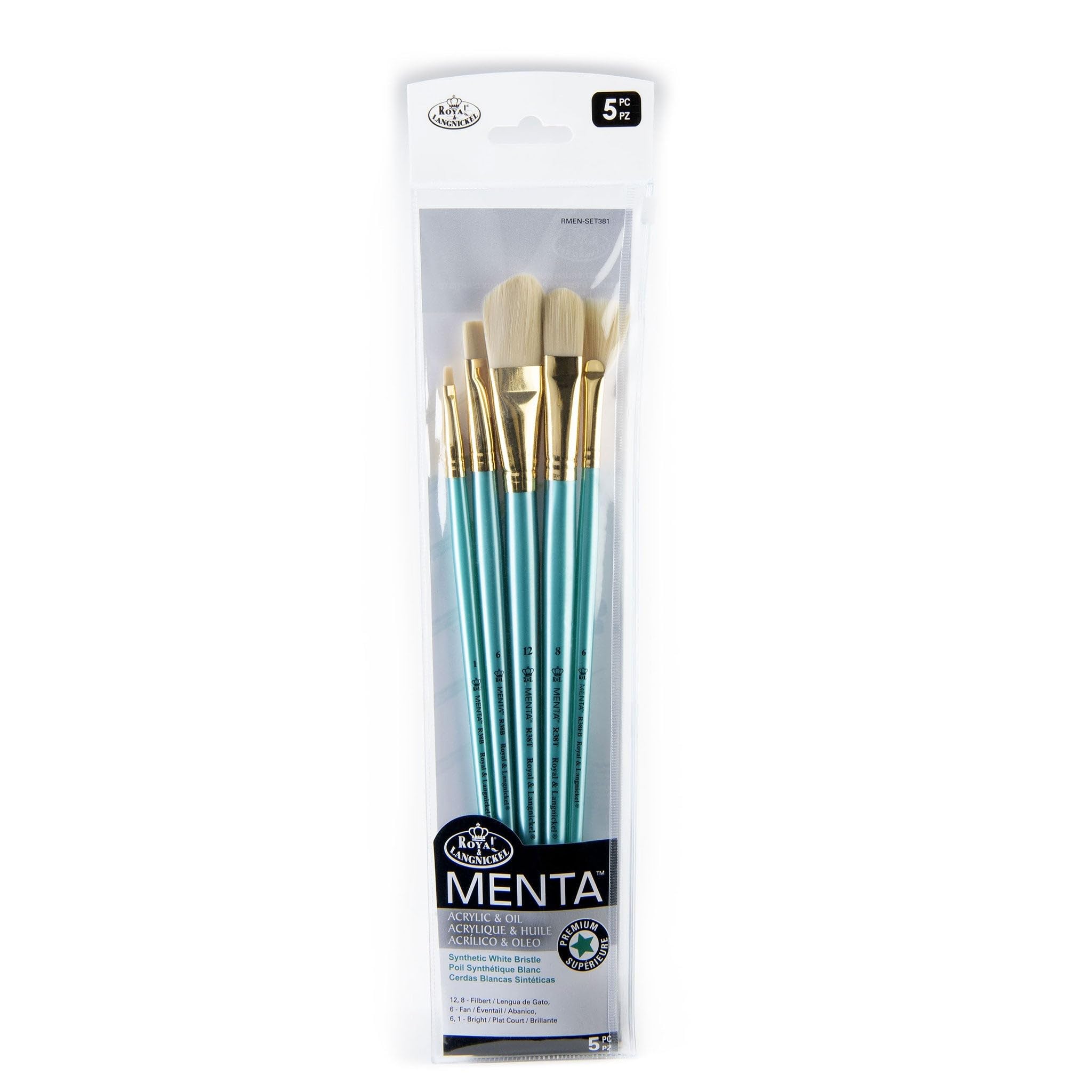 Royal & Langnickel Menta, Long Handle 5 pc Filbert Variety Brush Set for Acrylic