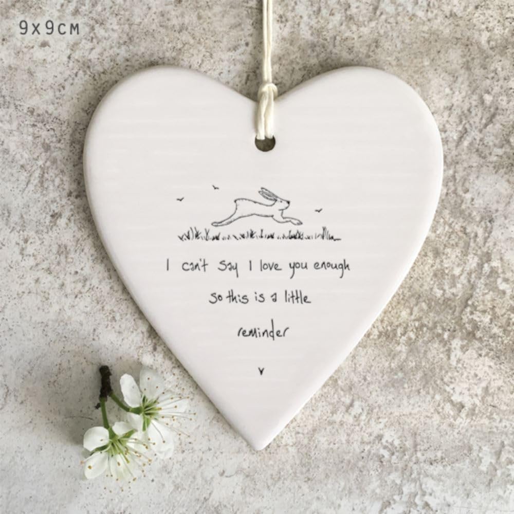 East of India Porcelain Hanging Heart - I Can't Say I Love You Enough: Elegant Heart-shaped Gift, Delicate Porcelain Ornament for Expressing Endless Love