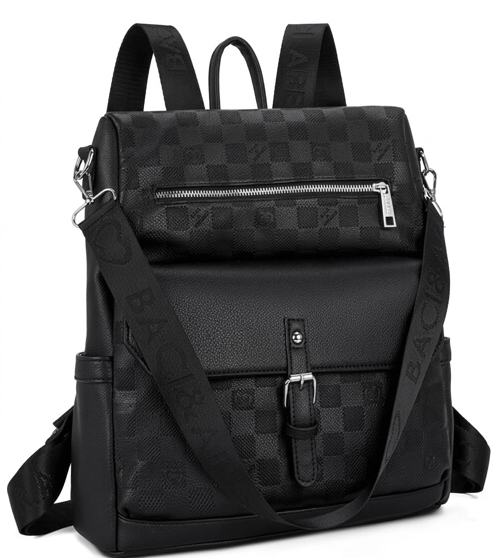 Zaino Donna Grande Capacità in Pelle PU Martellata con Motivo a Scacchi, Borsa Zainetto Multifunzionale con Tracolla Rimovibile, Zaino Moda per Università e City Walk,Nero