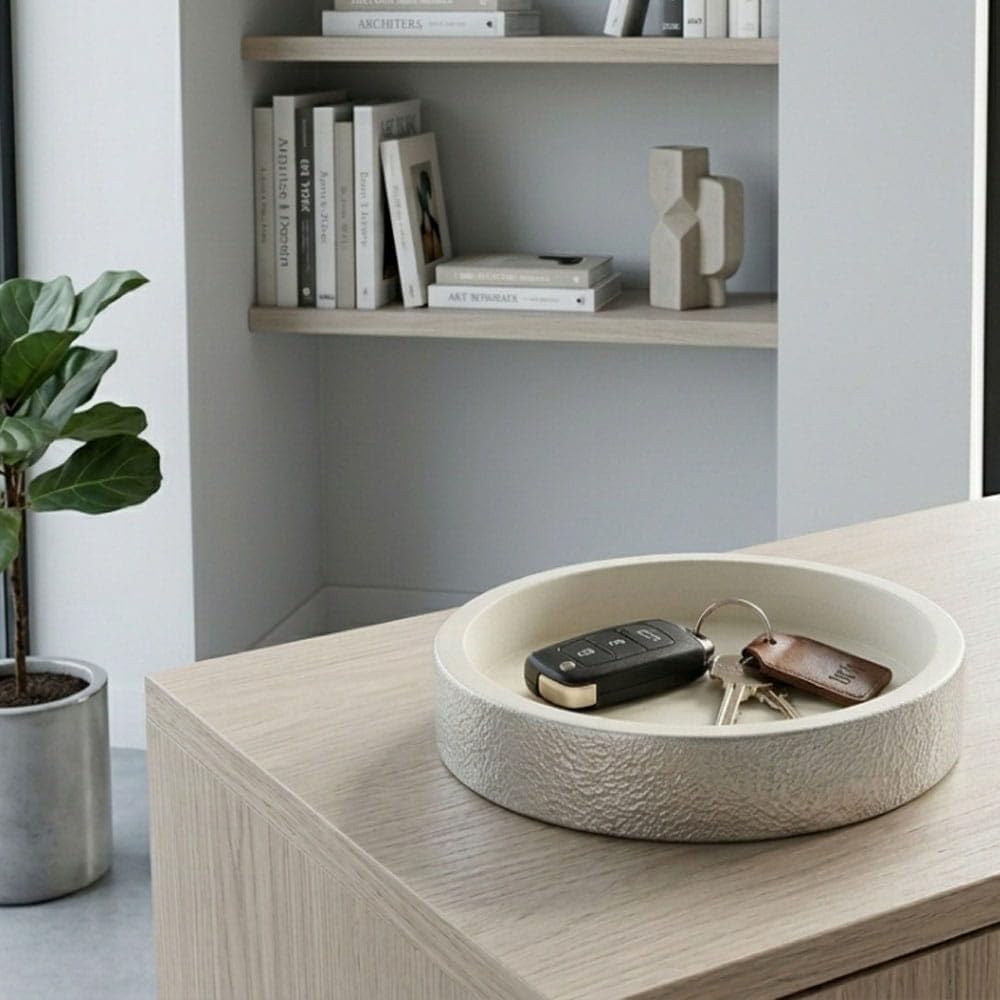 Svuotatasche Ingresso Design Moderno Tondo Materico Bianco e Argento, Elegante Portaoggetti Decorativo da Tavolo per Ingresso e Salotto