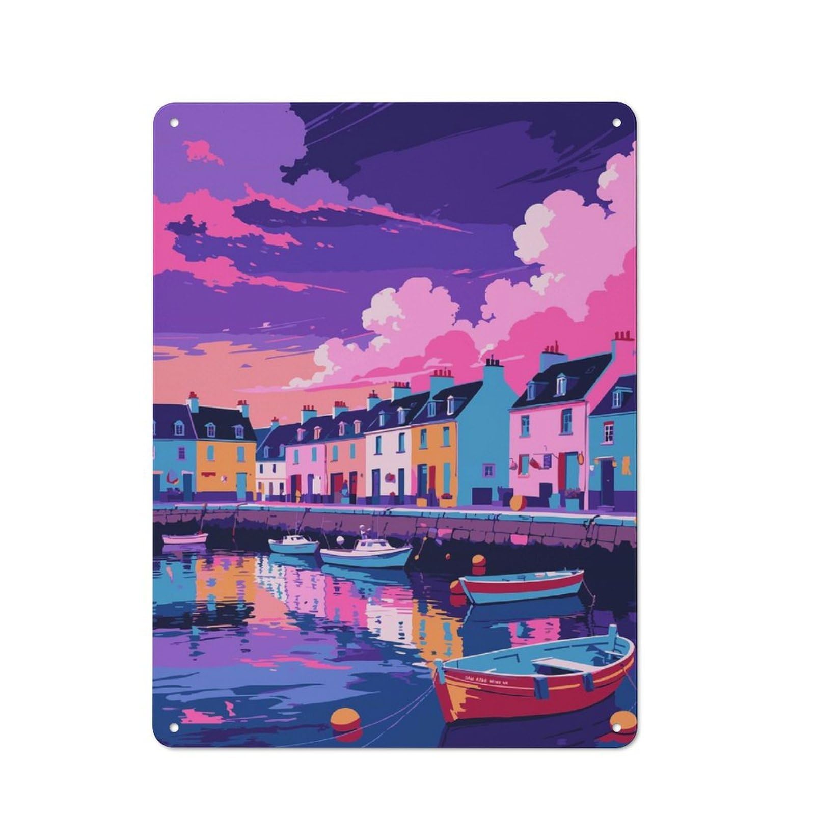 Junmoney Style-8 Colorful Coastal Town With Boats Vintage Metal Wall Sign 40X30cm For Kitchen Or Home Bar, For Garage, Workshop And Man Cave Decoration