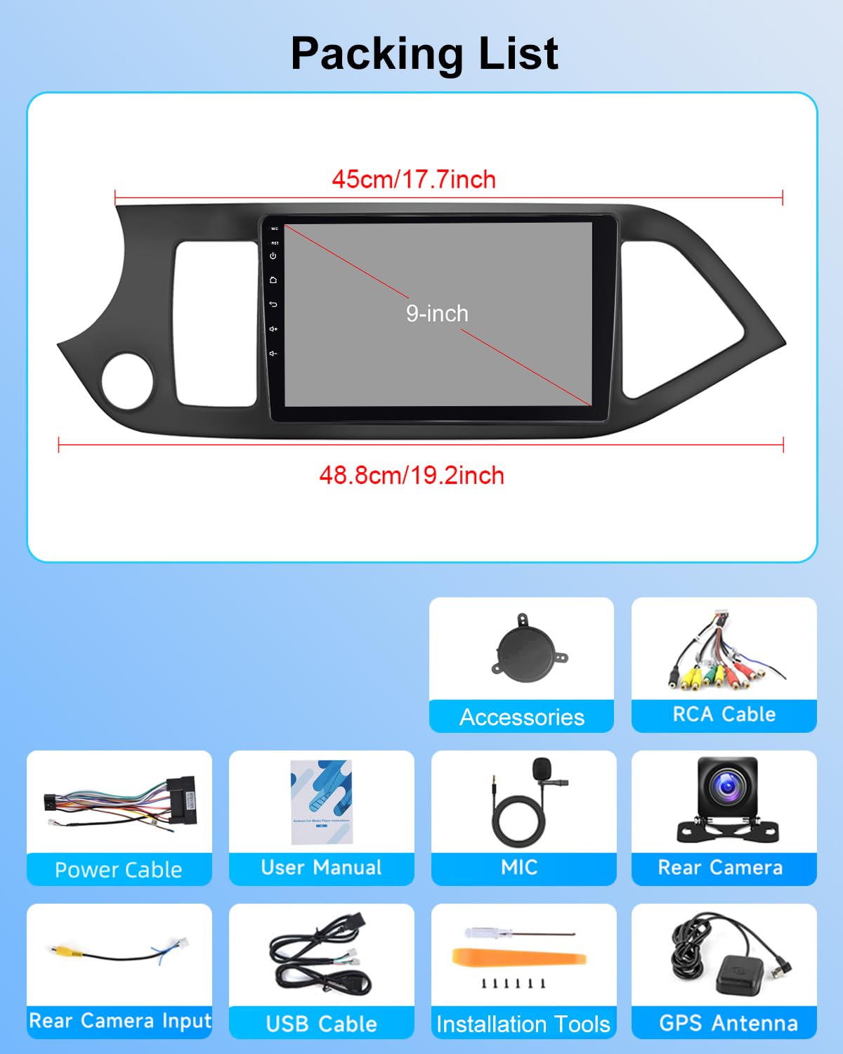 NHOPEEW 2+64G Android CarPlay Stereo per KIA Picanto 2012-2016 - Radio touchscreen da 9 pollici con CarPlay wireless Android Auto - WiFi GPS Mirror Link EQ RDS + Telecamera di backup e microfono