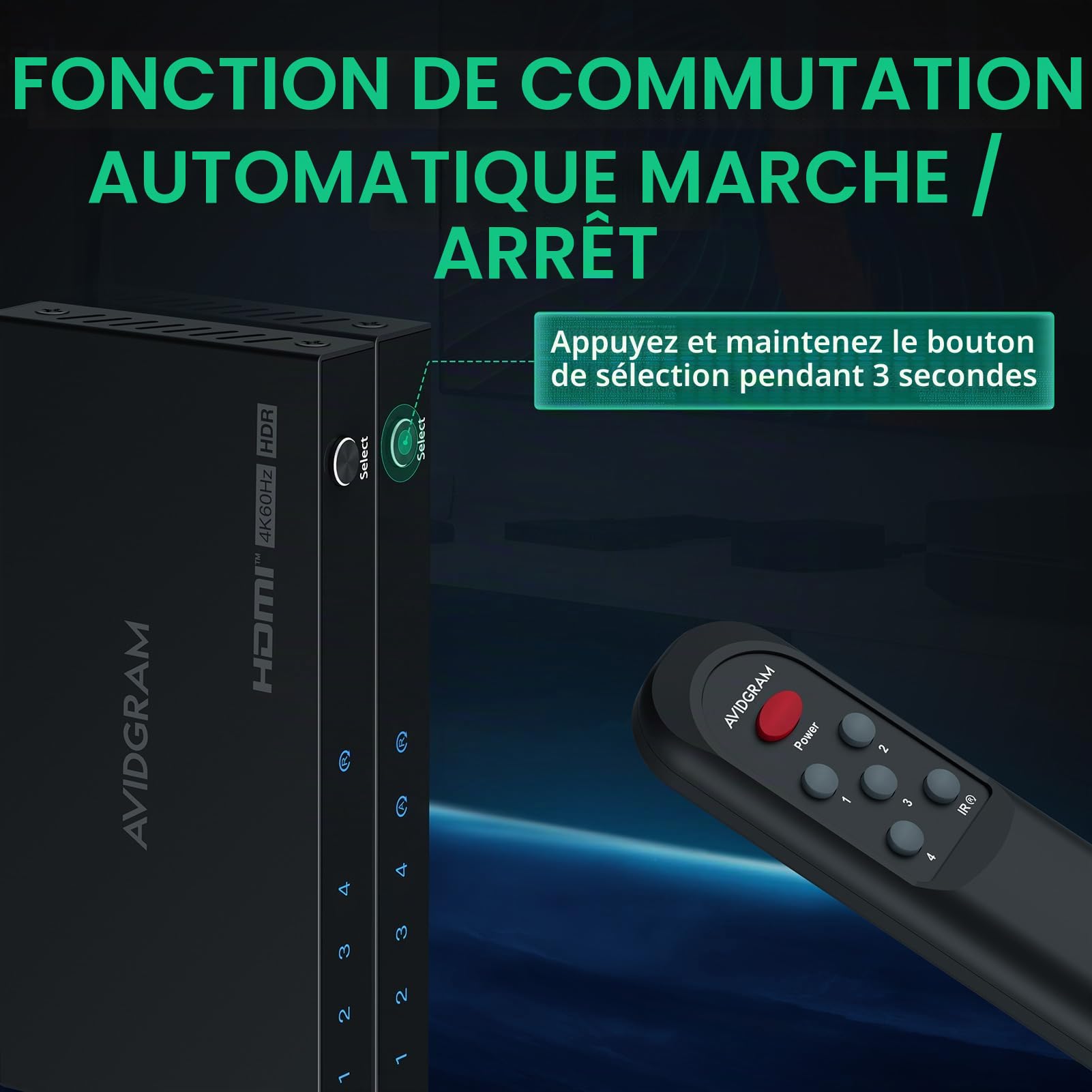 AVIDGRAM HDMI Switch 4K 60Hz HDMI 2.0 4 in 1 Out Selector Box with IR Remote HDCP 2.2 HDR10 3D 18Gbps