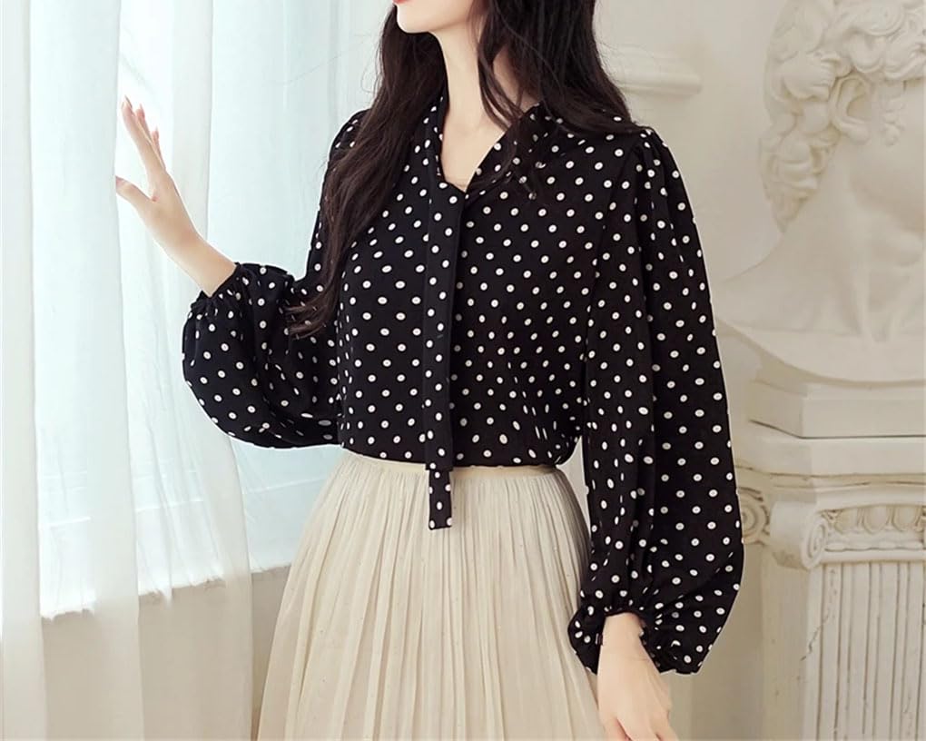Blusa de manga larga con cuello en V para mujer, con cordones, de gasa, a lunares, sin botones, camisas