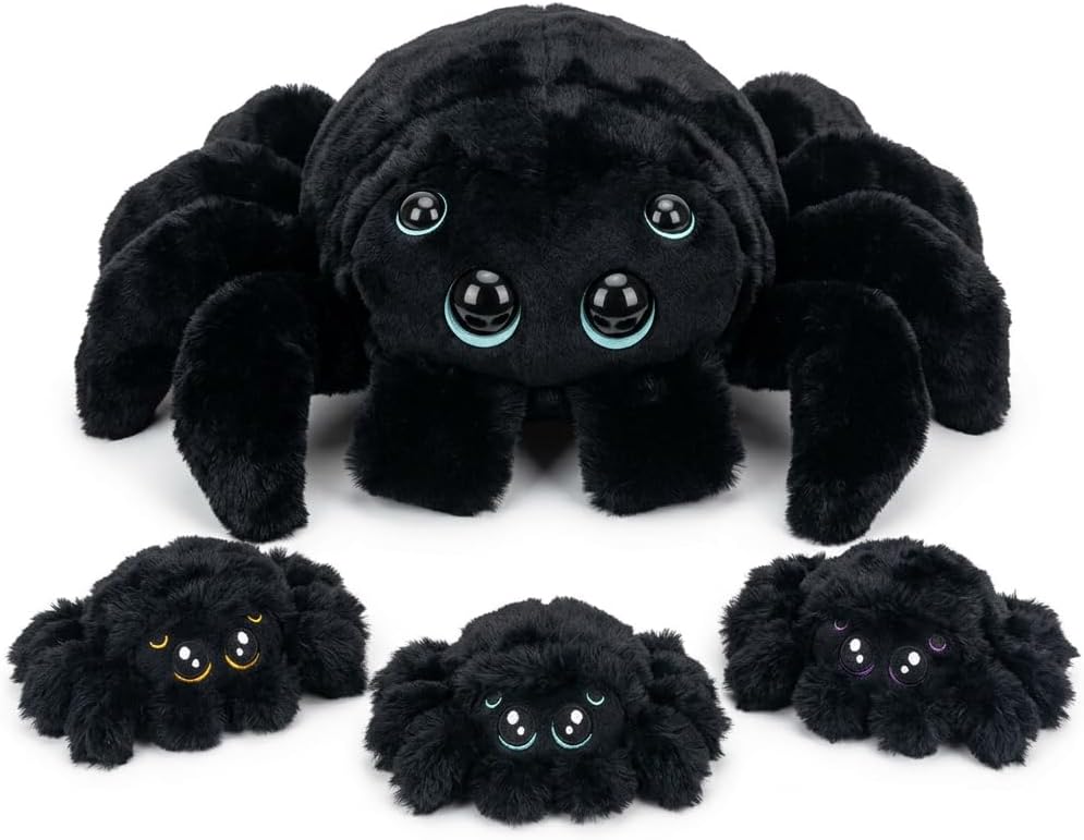 Cuddly Spider Plush Toy with Surprise - Soft Stuffed Animal Mommy Spider with 3 Baby Spiders in Zipper Tummy, Set for Kids, Fun Interactive Plushie for Ages 3-8(Black)