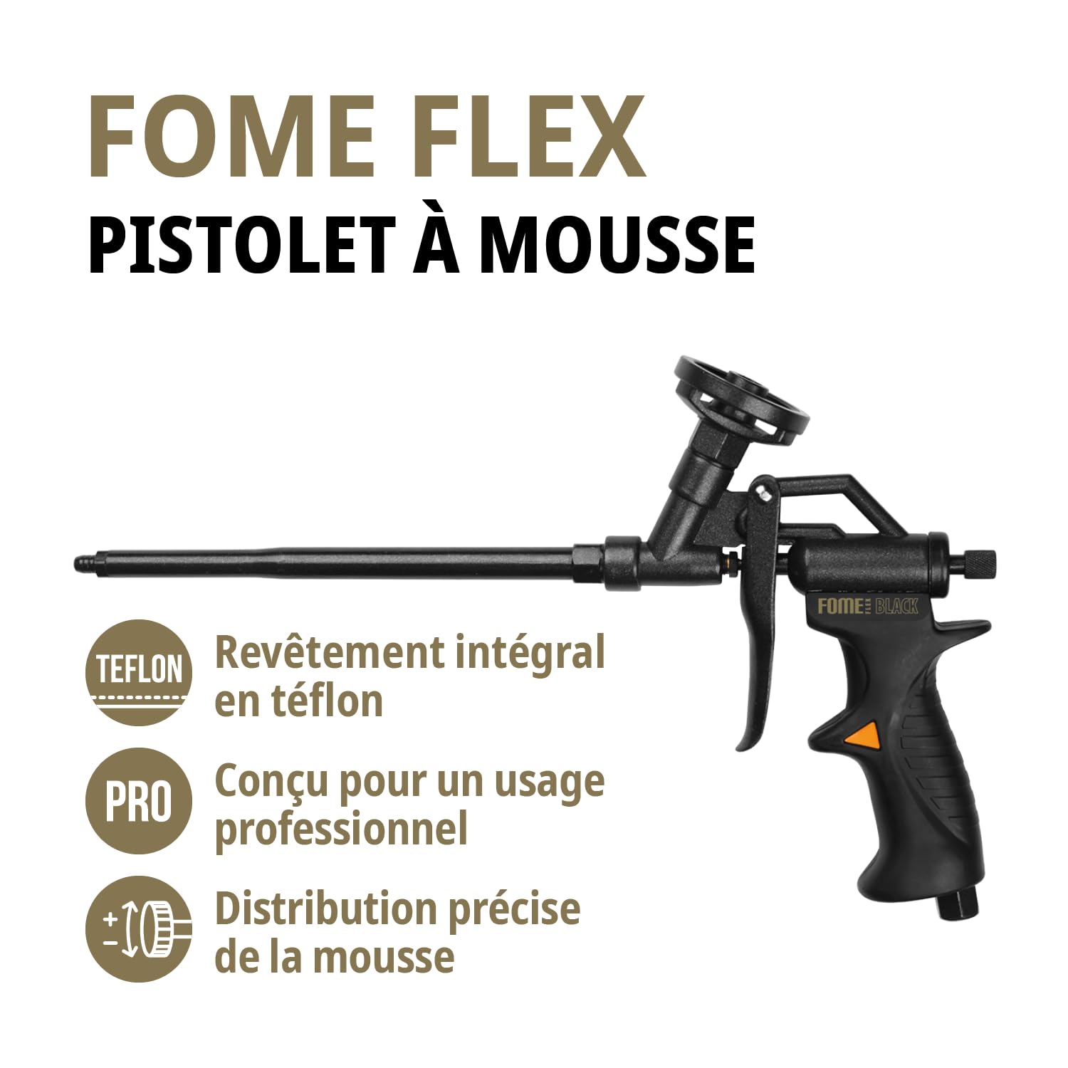Pistolet Mousse Polyurethane - BLACK EDITION - Pistolet de Précision Revêtu de Teflon – Pas de Bouchons, Nettoyage Facile, Pistolet à Joint et à Détails pour Mousse Expansive PU et Isolation