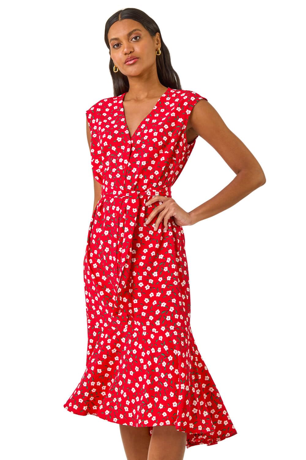 Roman Women's Red Floral Frill Buttoned Dress In | : Size 18
