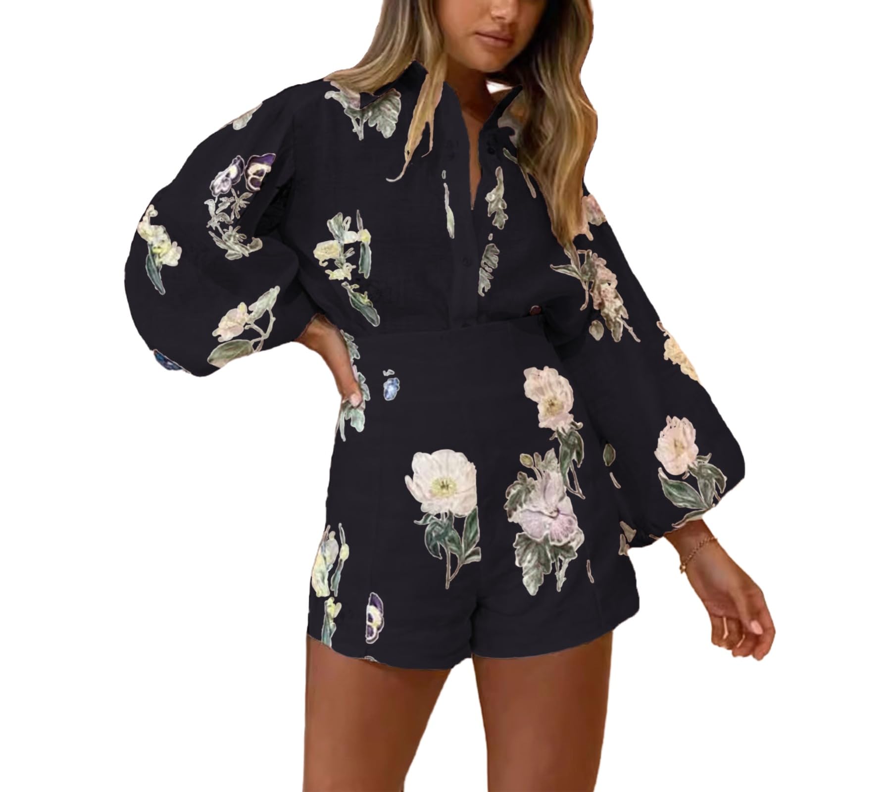 Molilove Conjunto de 2 piezas para mujer, camisa hawaiana de manga larga con botones y pantalones cortos