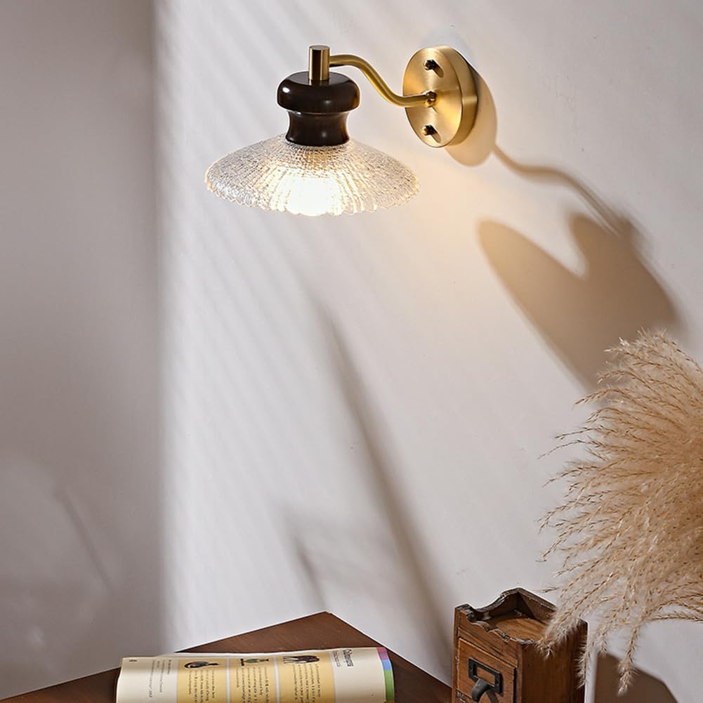 Applique da Parete per Interni E27 in Metallo Vintage, Legno e Ottone con Paralume in Vetro, Lampada da Comodino in Cristallo, Applique di Design per Soggiorno, Camera da Letto, Scala
