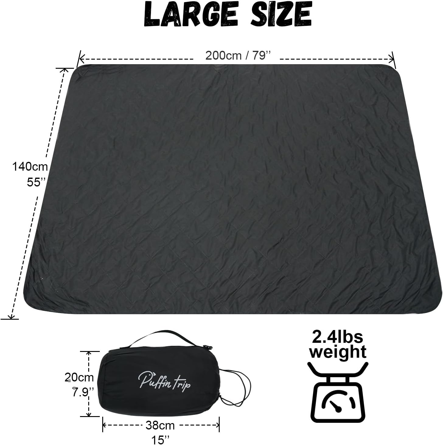 Wearable Warm Camping Blanket Waterproof Windproof Quilted Fleece Stadium Outdoor Blanket with Portable Bag for Cold Weather Camping Picnic Sports Pet Beach Travel Car 79*55 inches Black