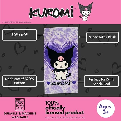 Miniatura 2 de Franco Collectibles Sanrio Kuromi - Toalla de baño de algodón súper suave, 60 x 30 pulgadas, (producto oficial)