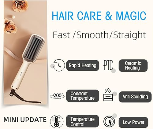 Miniatura 2 de Cepillo alisador de pelo, peine alisador de cabello, cepillo alisador de cabello, calentamiento rápido, cepillo alisador de 3 velocidades, alisador