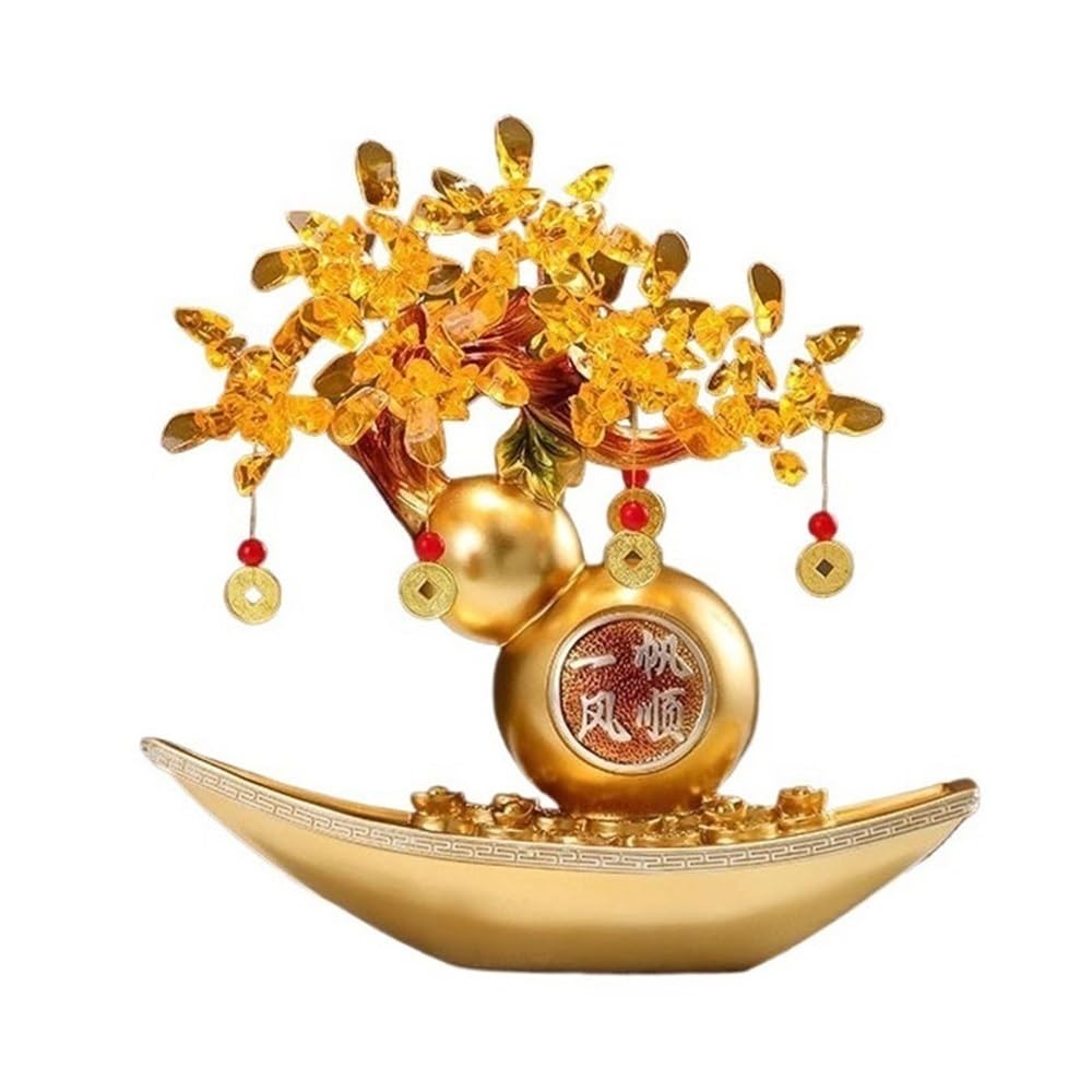 Home Decor Tabletop Crystal Fortune Tree, Smooth Sailing Office Housewarming Decoration Bonsai(Gold)
