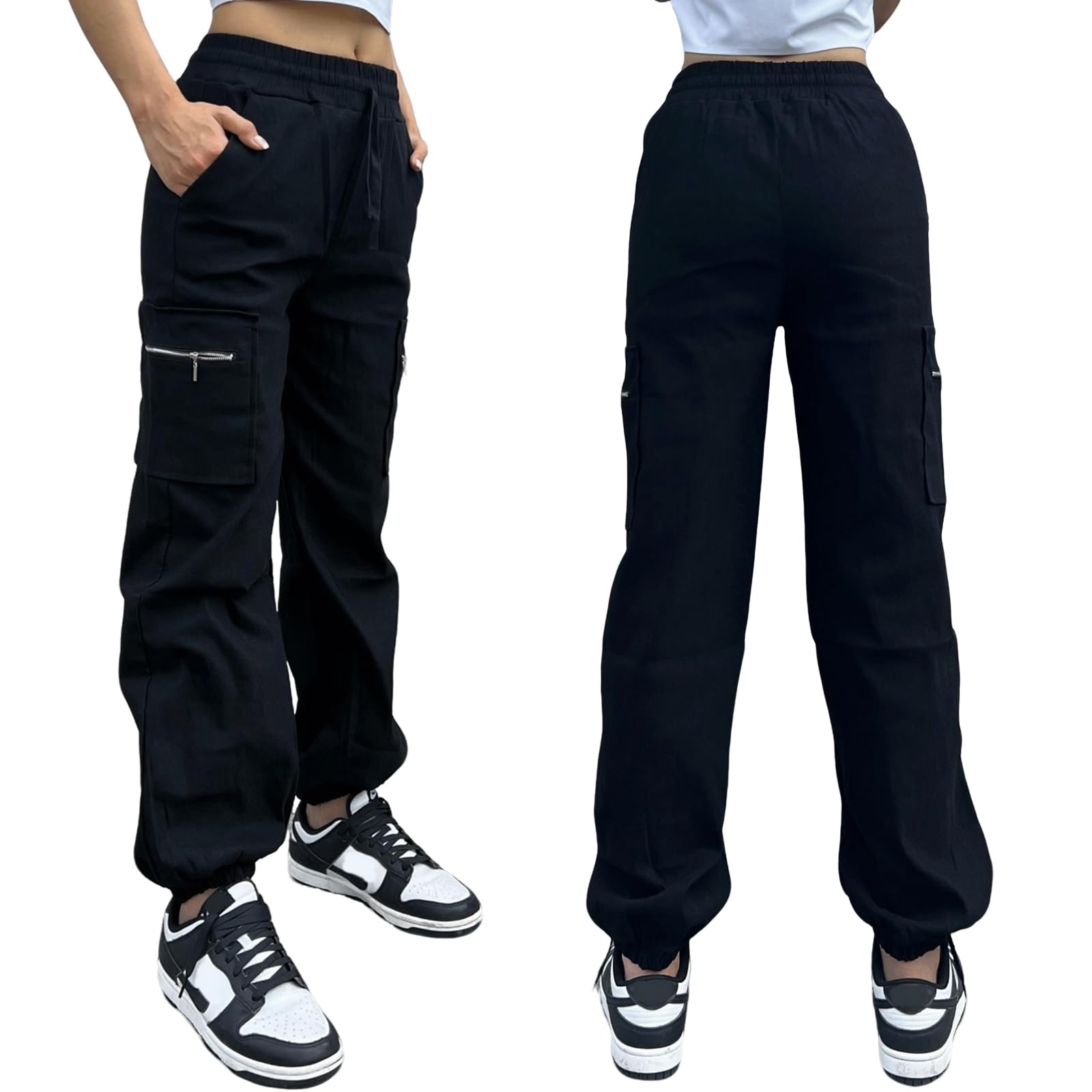 Nuofengkudu Tobilleros Pantalones Cargo Mujer 4 Bolsillos Elasticos Cintura Alta Joggers Harem Pantalon Deportivos Sueltos Casual Comodos Jogging Sweatpants Moda Punk