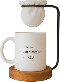 Kit Dia dos Namorados, Caneca ' Te Amo pra Sempre' com Mini Coador de Café, Base em Madeira