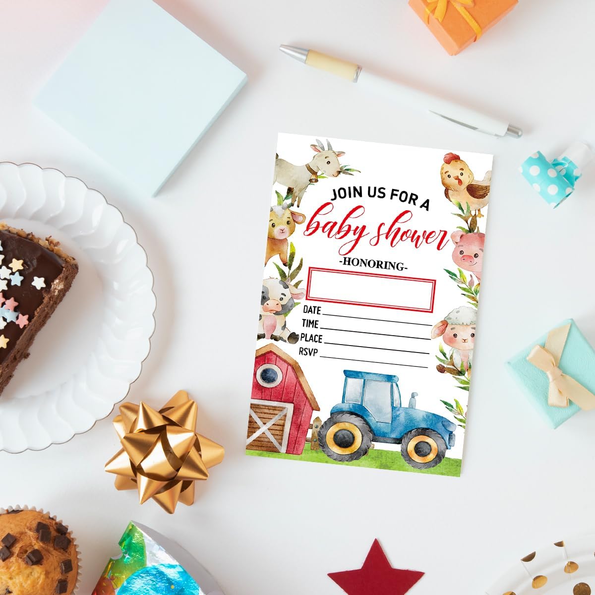 Baby Shower Invitations for Boy Farm with Envelopes, Invites for Baby Showers Party Farm Animals, Barnyard Tractor Invite Cards, 4"x6" Set of 20