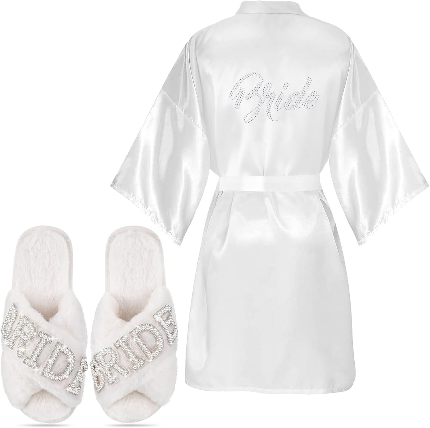 Mepase 2 Pcs Bridal Wedding Gifts Satin Bride Robe with Slippers Rhinestone Wedding Robe Slippers for Women Proposal Party