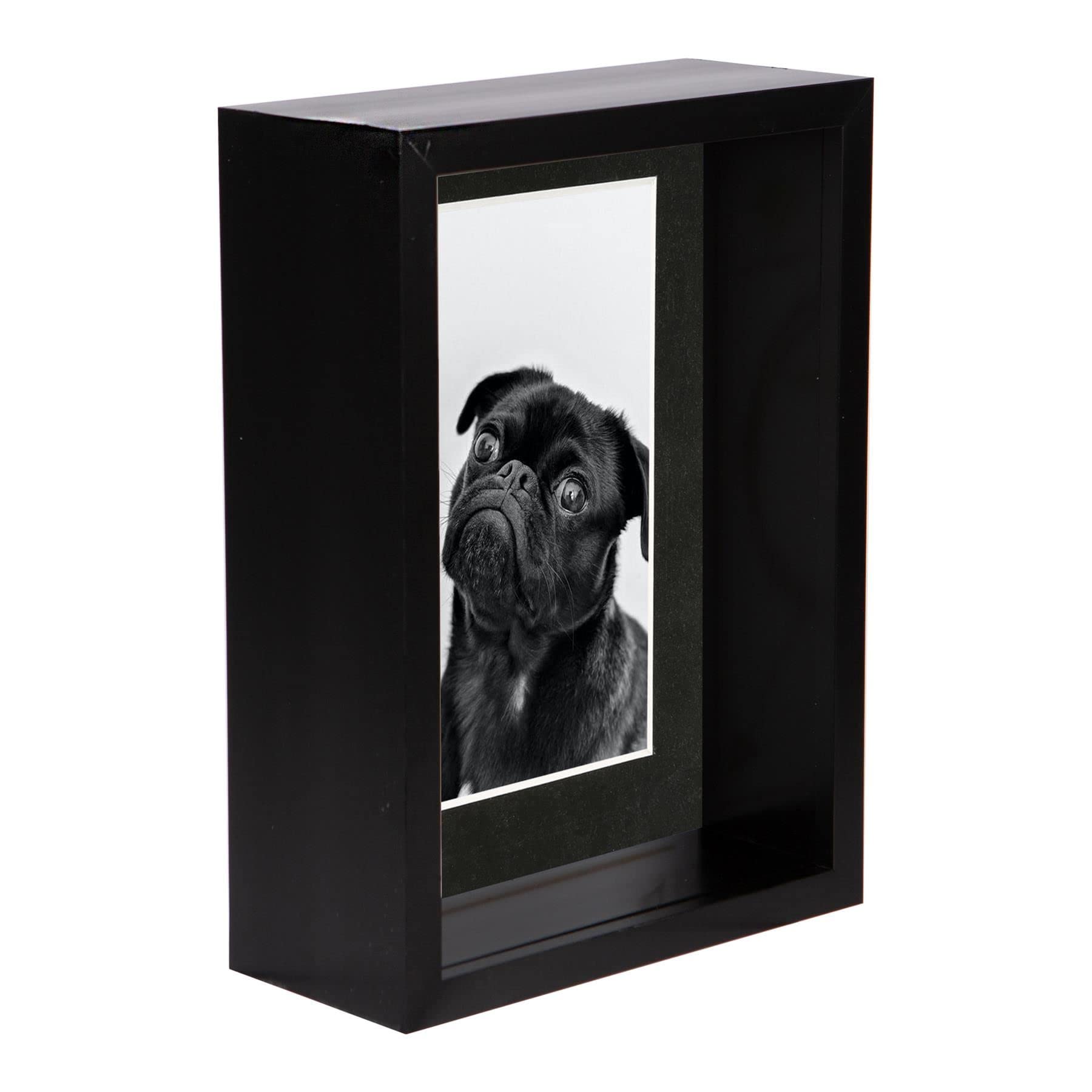 Nicola Spring 1x Black 5 x 7 inch 3D Deep Box Wooden Photo Frame with Black 4 x 6 inch Mount - Standing Hanging Craft Shadow Memory Picture Display Case for Flowers Crafts Art Medal