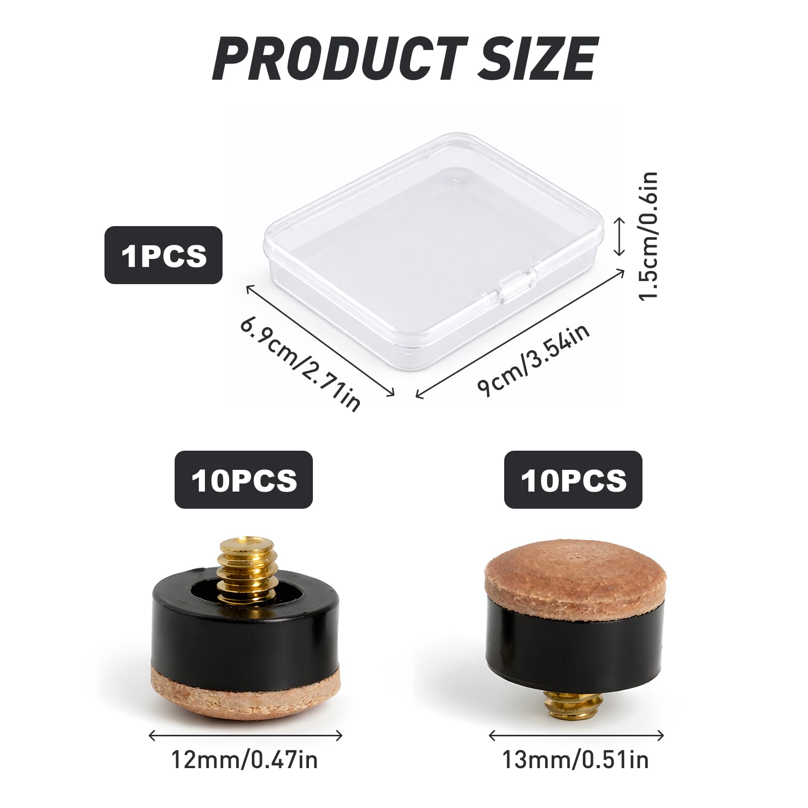 20 Puntas para Caña de Billar, Set de Repuesto 12 mm & 13 mm con Caja de Almacenamiento, Cuero Sintético, Universalmente Adaptable para Cañas de Billar, Anti-Deslizamiento para