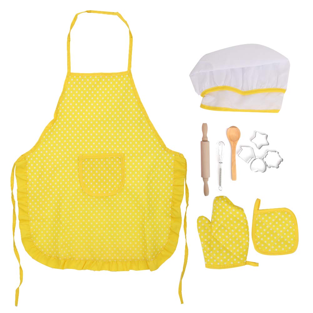 Girls Toddler Aprons, Chef's Hats, Gloves, 11pcs DIY Kid Cooking Baking Set Kitchen Role Play Apron Toys for Children with Functional Tableware, Nice (Yellow)