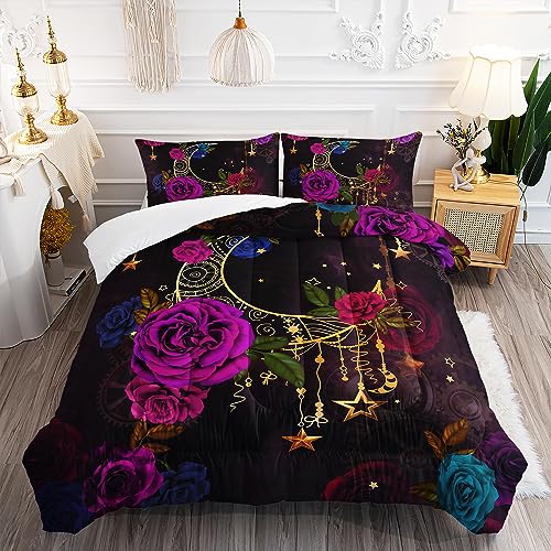 Image of AILONEN Purple Moon Rose Comforter Set Full Size, 3D Floral Pattern Bedding Set for Girls Women Room Decor, 3Pcs Soft Lightweight Duvet Set With 1 Quilt and 2 Pillowcases