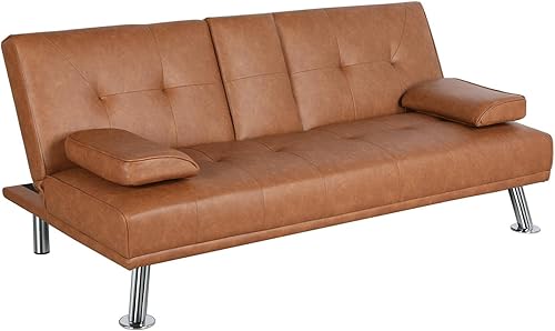 YAHEETECH - Sofá cama tipo futón de cuero sintético, 2 puestos, sofá con espaldar reclinable y portavasos, cama para invitados