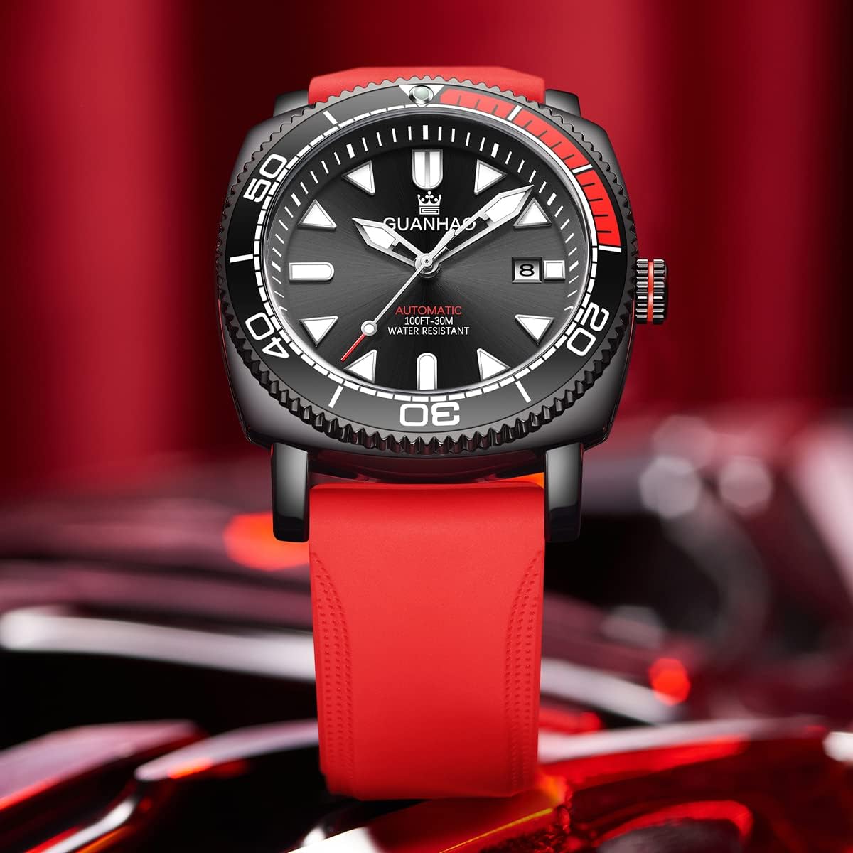 Red Mechanical Watch for Men, Sports Automatic Watches with Silicone Band Waterproof Luminous Calendar Stainless Steel Fashion Wristwatches Black Dial