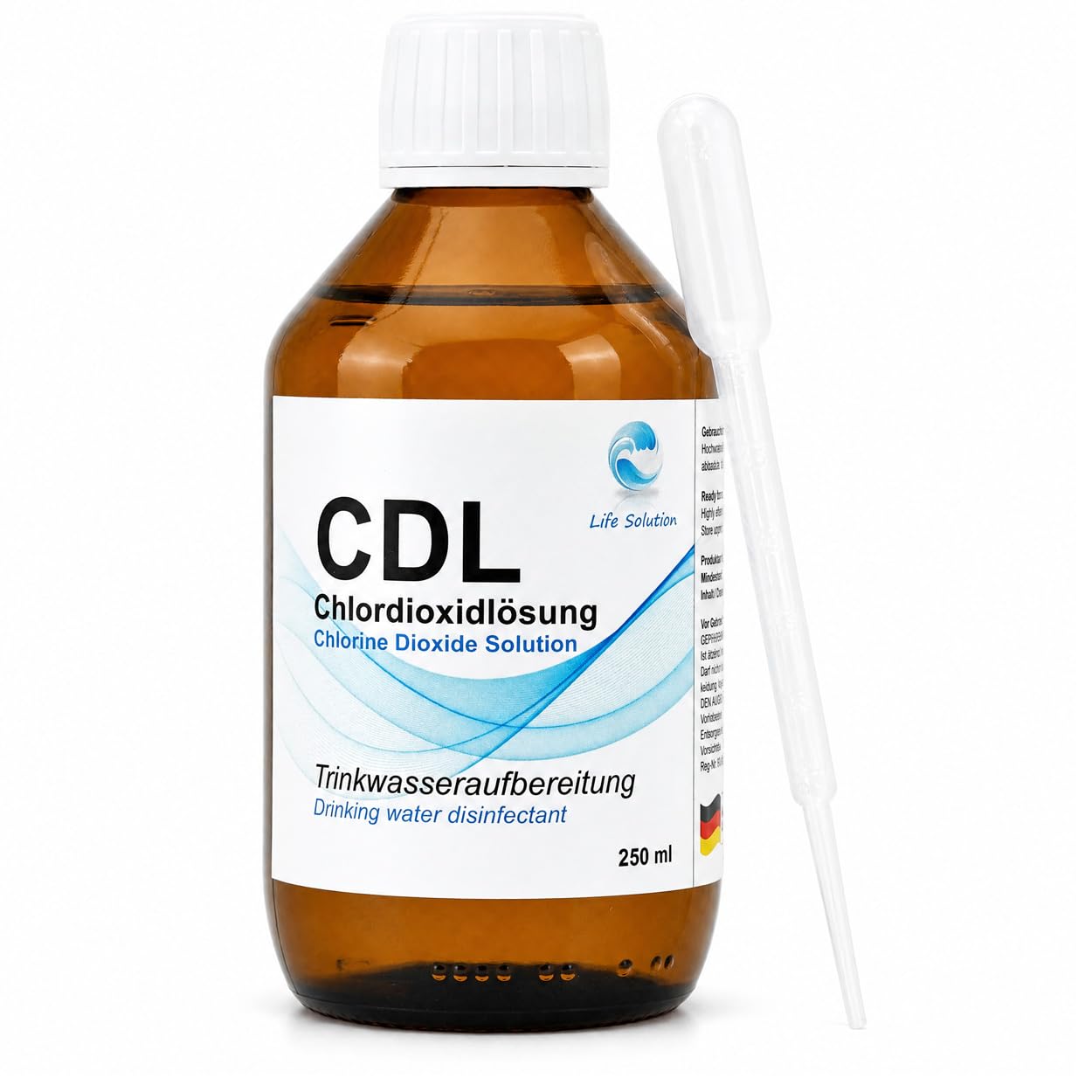 Chlordioxid Lösung 0,3% - CDs - CDL - Trinkwasserdesinfektion - Wasseraufbereitung - Chlorine Dioxide Solution - 250 ml + Anleitung & Pipette