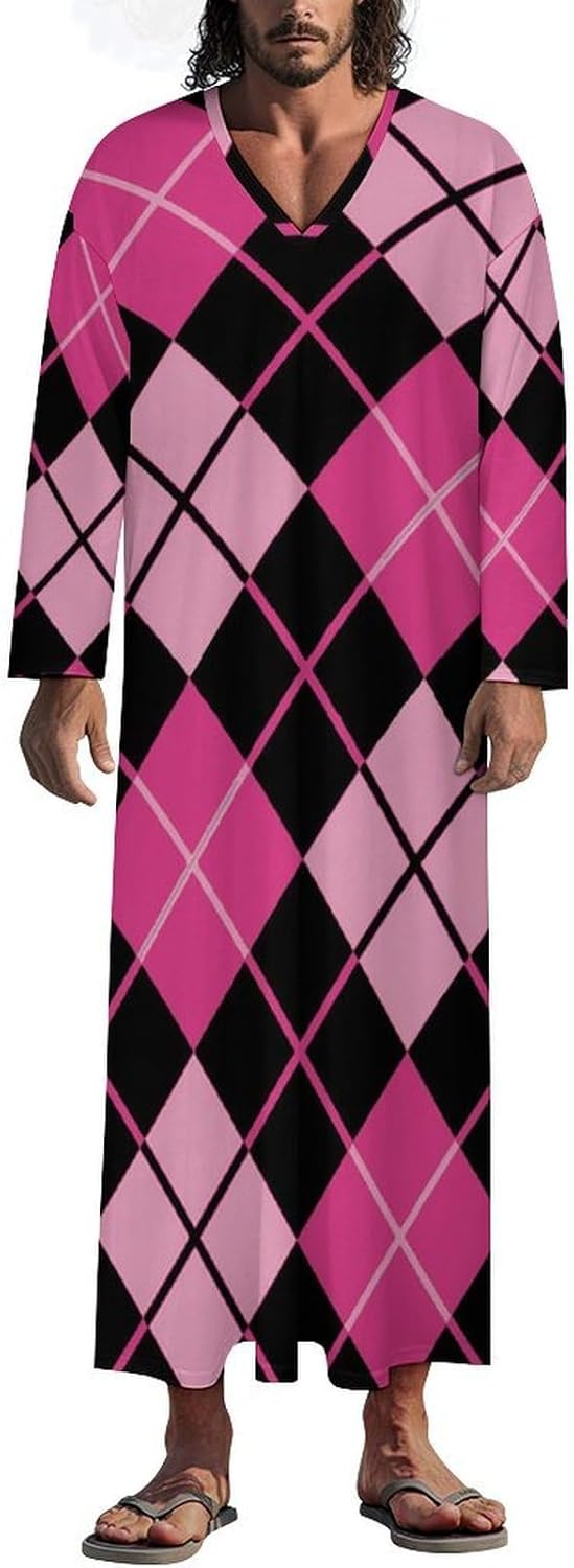 Pinkblack Argyle Men's Kaftan Thobe Long Sleeve Robe V Neck Casual Gown